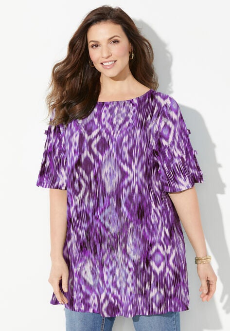 Ladder Sleeve Boatneck Top, DARK VIOLET IKAT MEDALLION, hi-res image number null