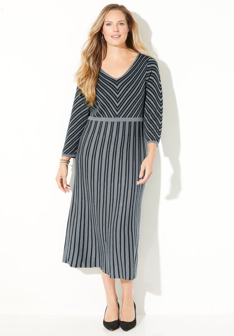 Fit N’ Flare Sweater Dress, GUNMETAL STRIPES, hi-res image number null