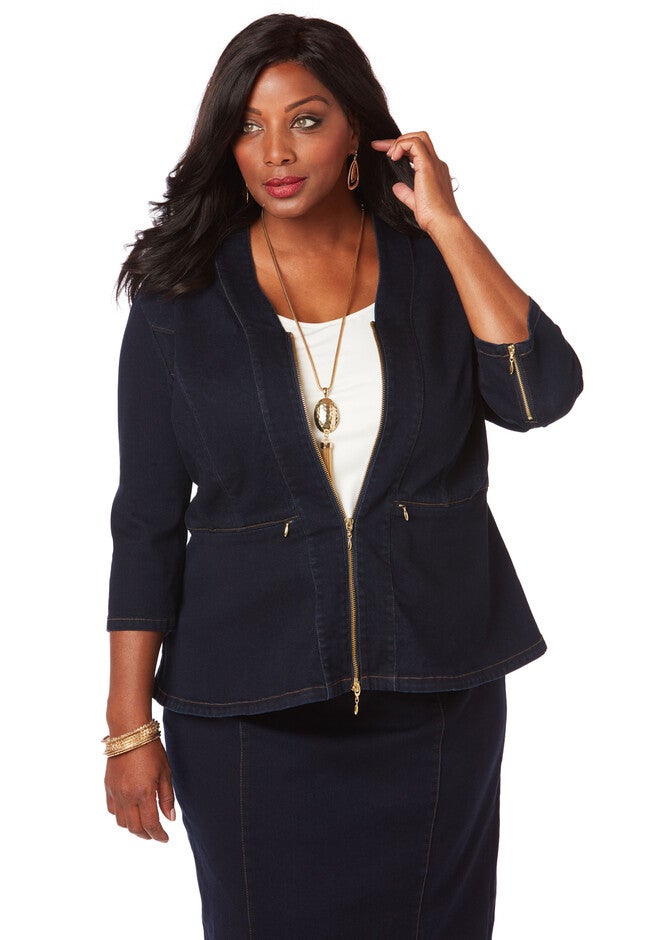 Curvy Collection Sateen Denim Jacket, OXFORD BLUE WASH, hi-res image number 0