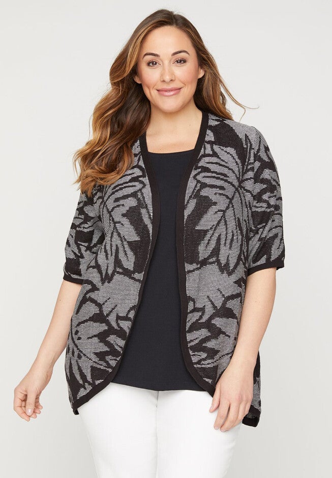 Textured Palm Cardigan, BLACK AND WHITE PALM, hi-res image number null