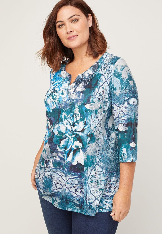 Crochet Shimmer Impression Top, BLUE PRINT, hi-res image number 0