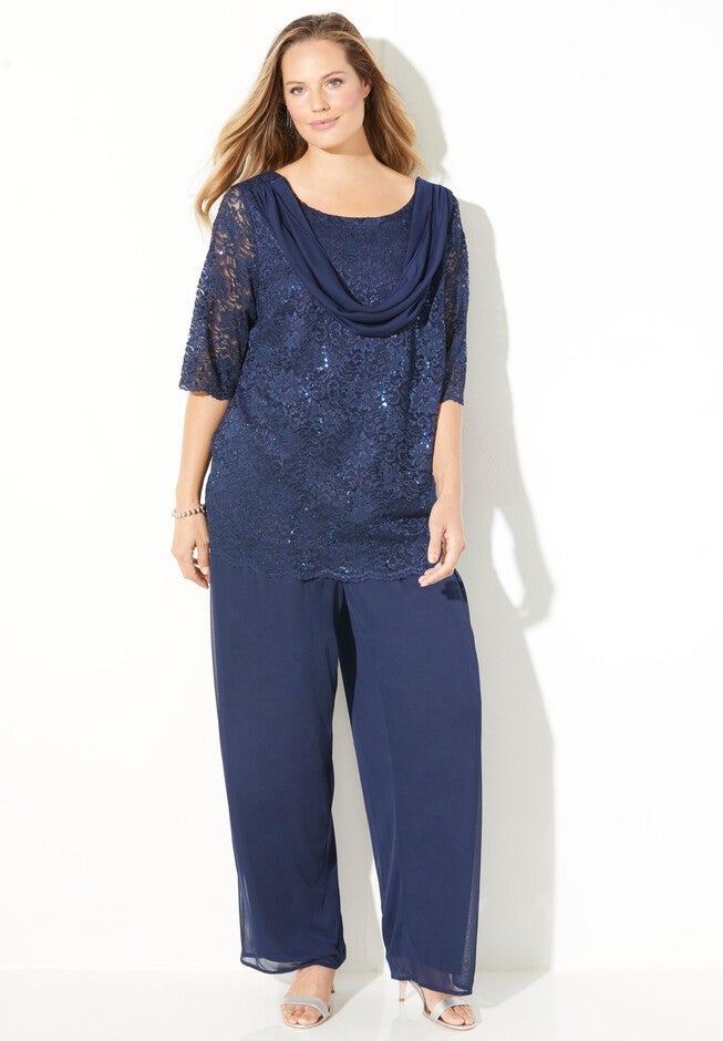 Lace Pynt Elegant Sparkle & Lace Pant Set, Sequined Lace, Mariner Navy | Catherines
