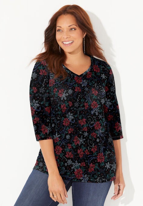 Suprema® 3/4 Sleeve V-Neck Tee, BLACK POINSETTIA, hi-res image number null