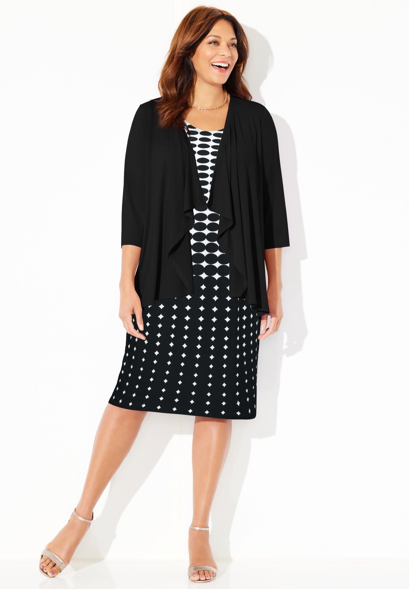 Classic Jacket Dress Soft Shift with Cascade Black And White Dot