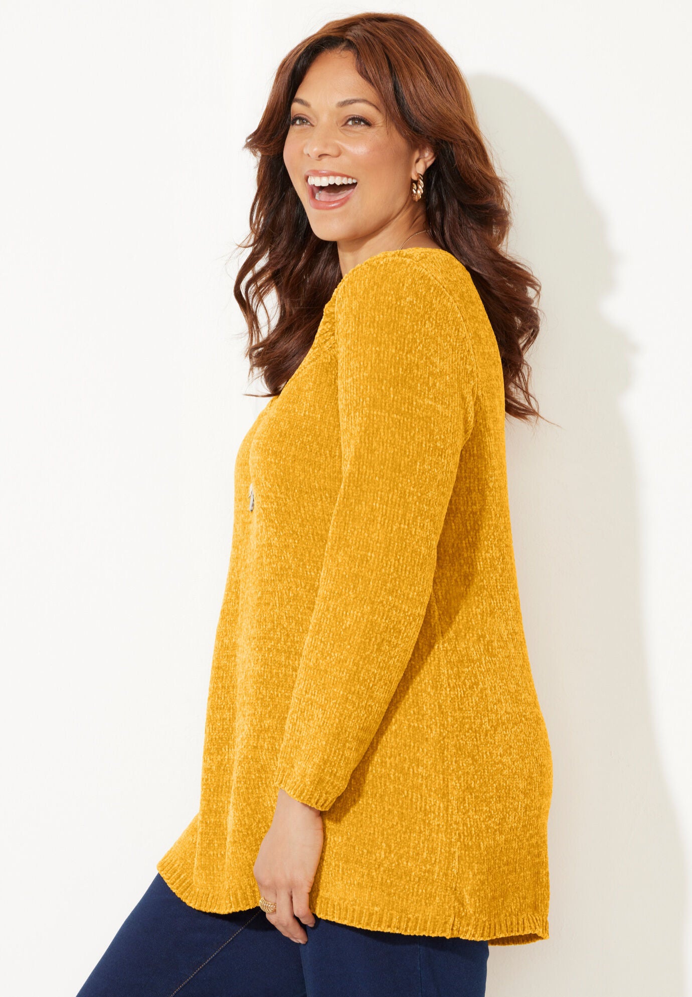 Chenille Pullover Tunic Sweater with Boat Neck Emerald Green Catherines