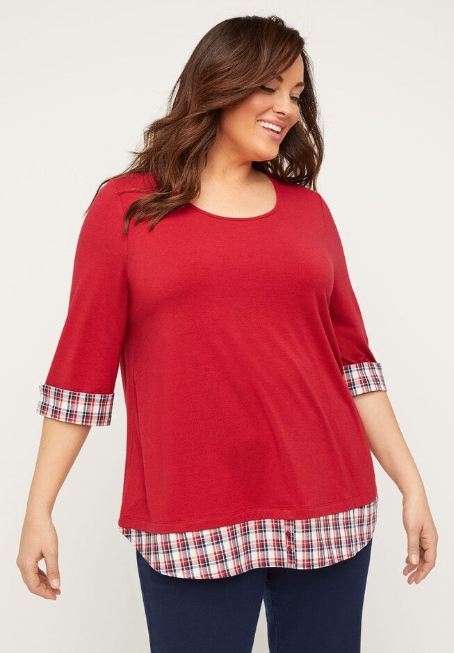 Plaid Shirting Duet Top with 3/4 Sleeves, RED, hi-res image number null