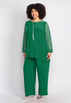 2-Piece Beaded Mesh Sleeve Pant Suit