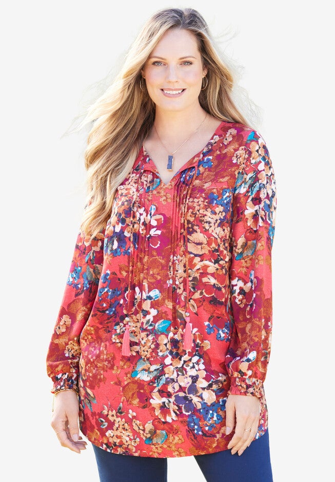 PINTUCK PEASANT TUNIC, RICH BURGUNDY TEXTURED FLORAL, hi-res image number null