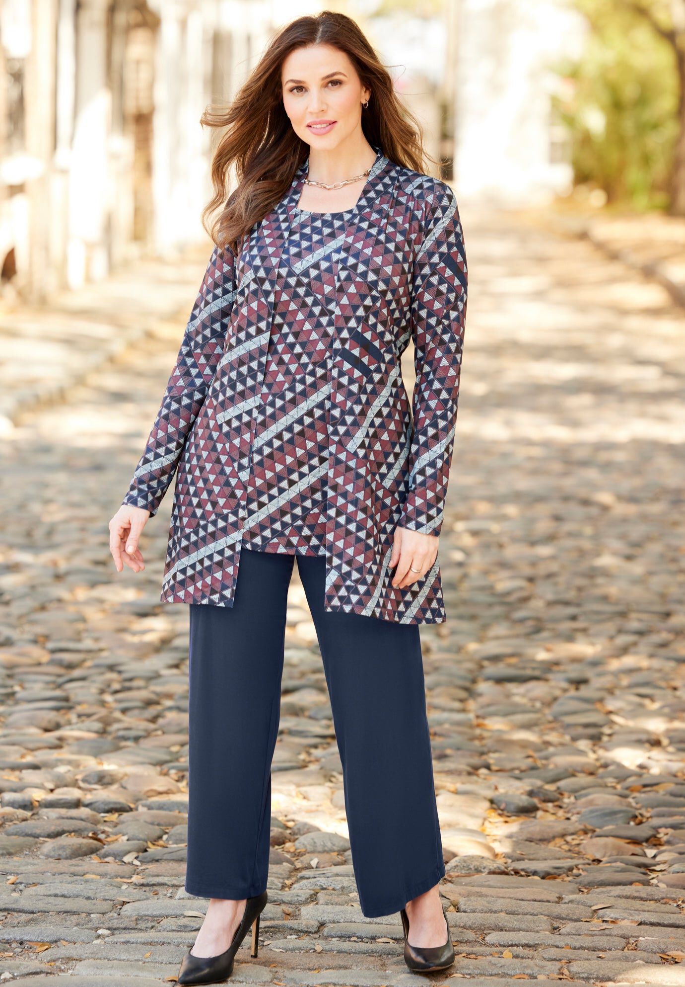 AnyWear Swing Cardigan Jacket, NAVY BIAS GEO, hi-res image number 0