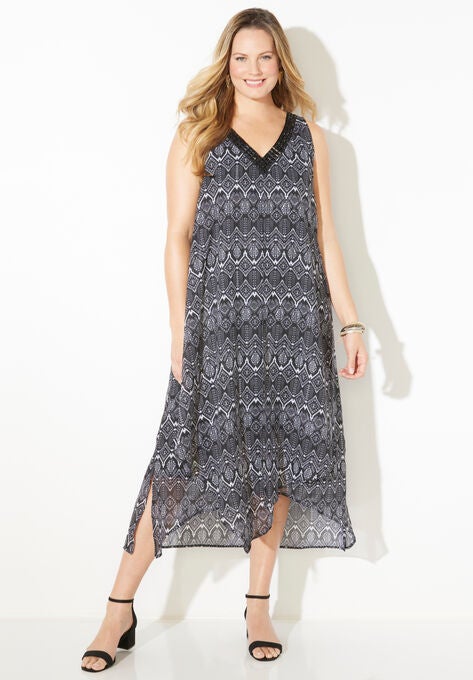 Beaded V-Neck Chiffon Dress, BLACK GRAPHIC GEO, hi-res image number null