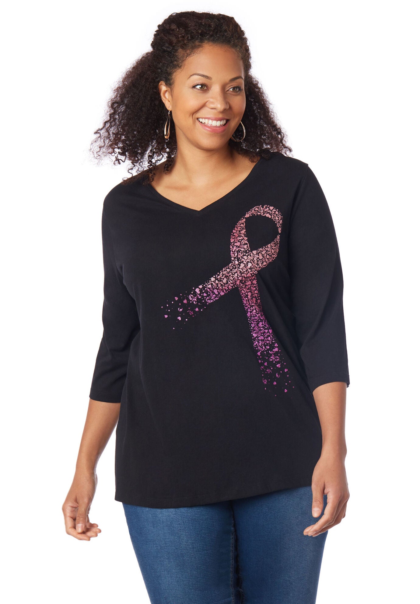 Breast Cancer Awareness Ribbon Tee, BLACK, hi-res image number 0