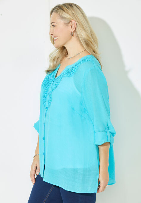 Scalloped Crochet Buttonfront Blouse, , alternate image number null