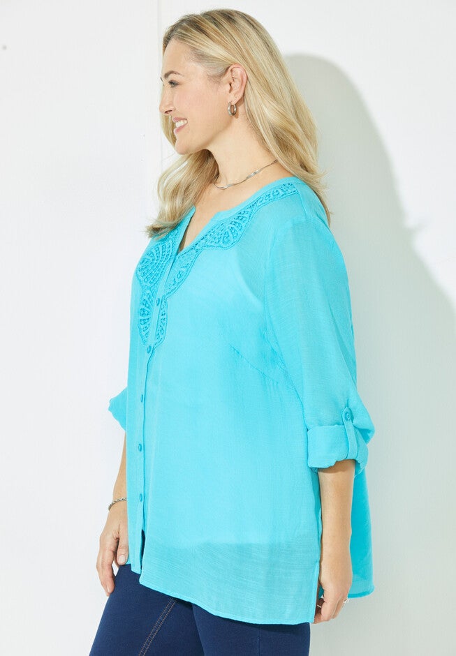 Scalloped Crochet Buttonfront Blouse, , alternate image number null
