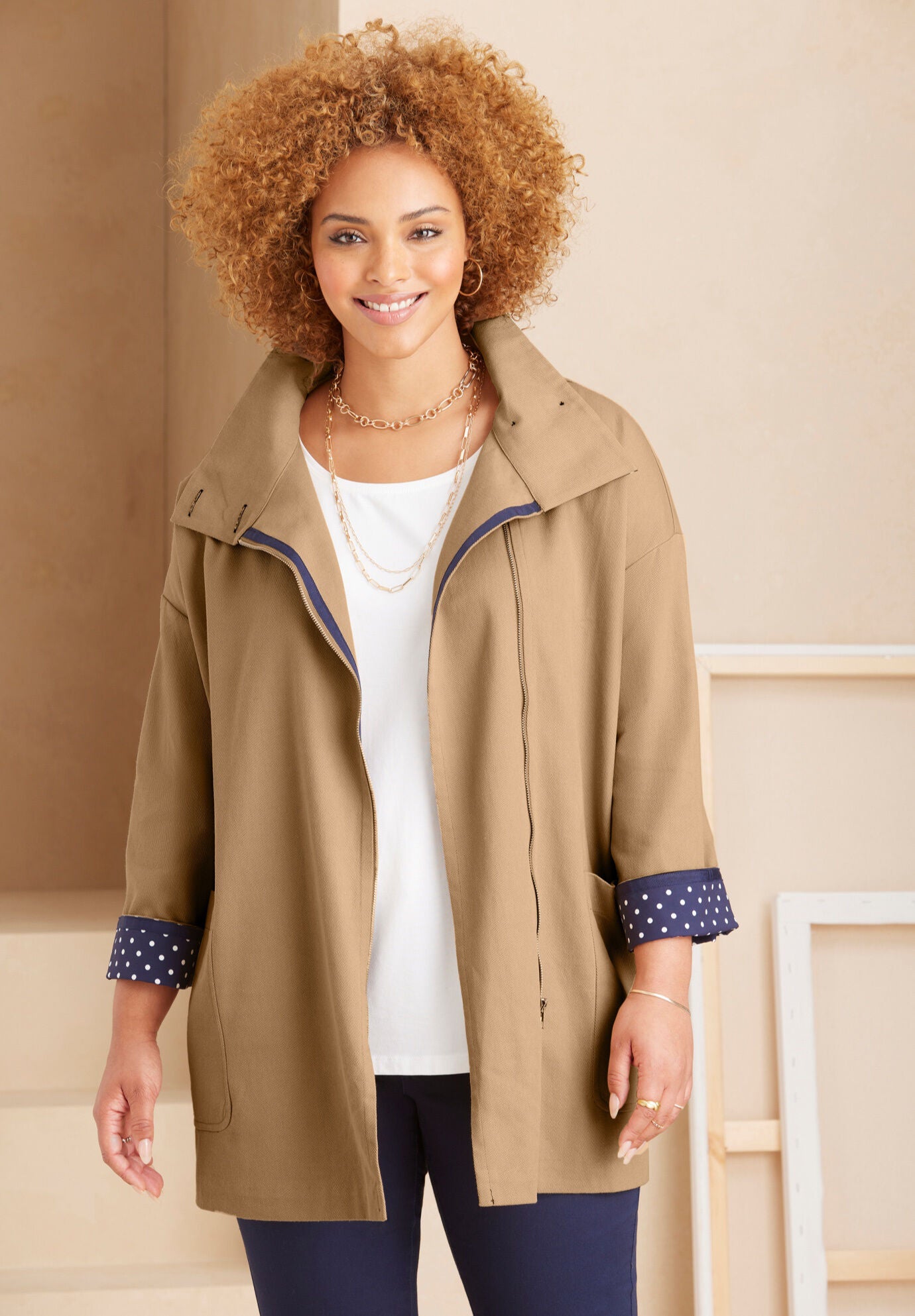 Rain Resistant Liz Me Funnelneck Raincoat Soft Camel
