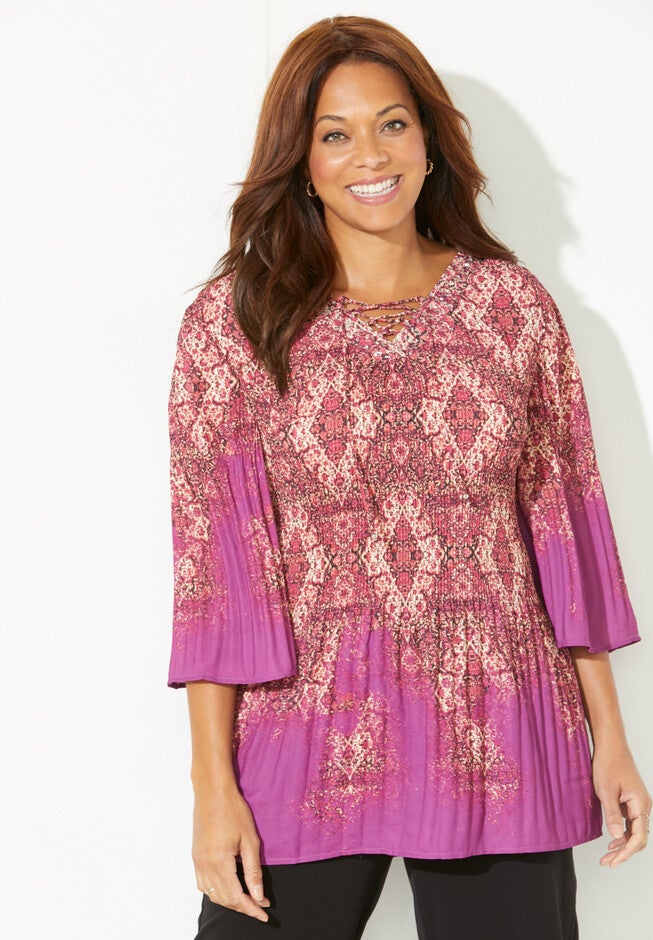 Lace-Up Pleated Blouse, BERRY PINK TAPESTRY BORDER PRINT, hi-res image number null
