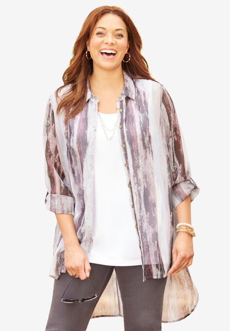 High-Low Buttonfront Shirt, BLACK WASHED STRIPES, hi-res image number null