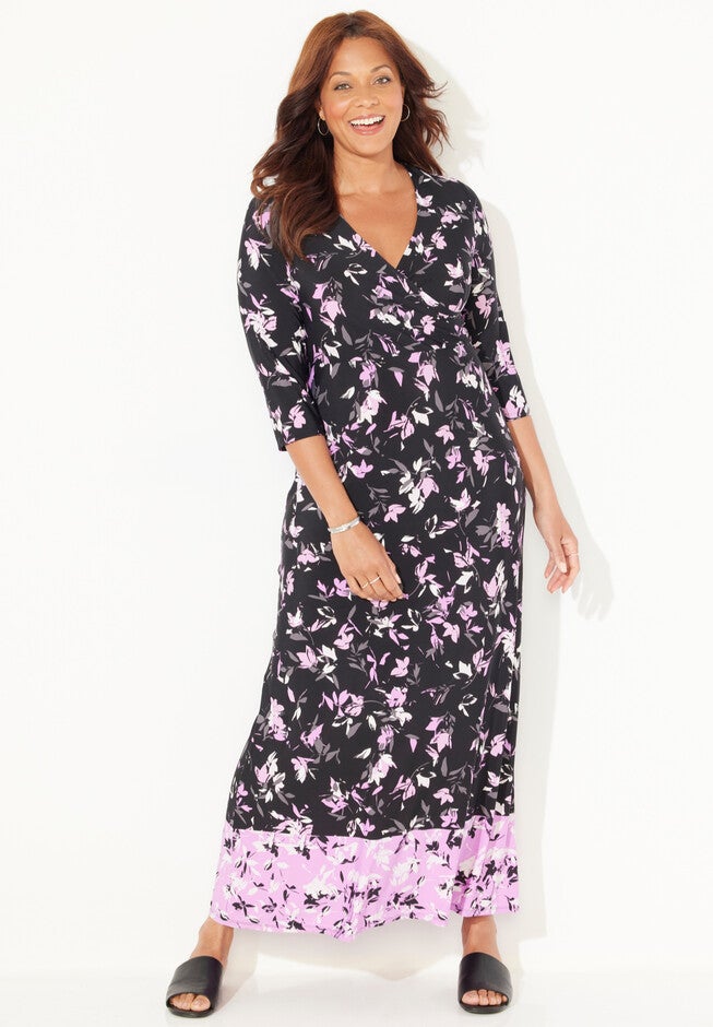 Lilac Garden Faux-Wrap Maxi Dress, BLACK FLORAL PRINT, hi-res image number 0