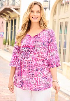 Sequin Trim Gauze Peasant Blouse