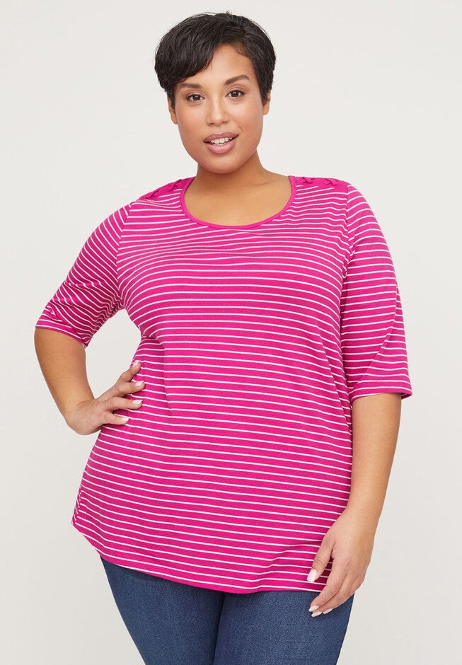 Striped Crisscross Shoulders Suprema Top, MAGENTA BLOOMS, hi-res image number null