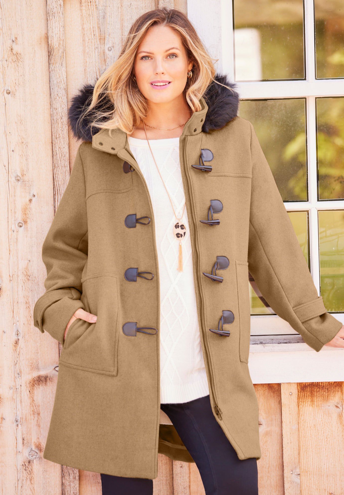 【th products】Toggle Pea Coat ピーコート　ブラック Wool Blend Toggle Peacoat with Hood Fur Trim, Soft Camel | Catherines