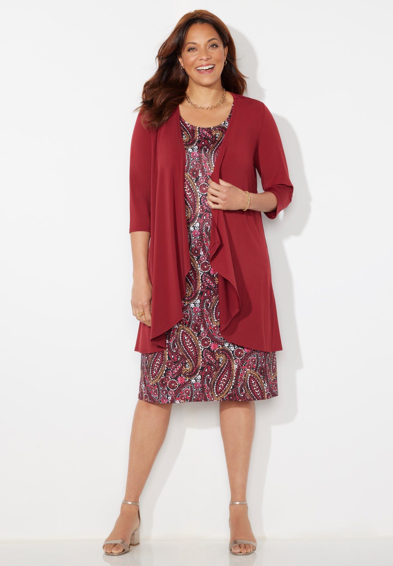 Soft Knit Jacket Dress, RICH BURGUNDY WATERCOLOR PAISLEY, hi-res image number 0