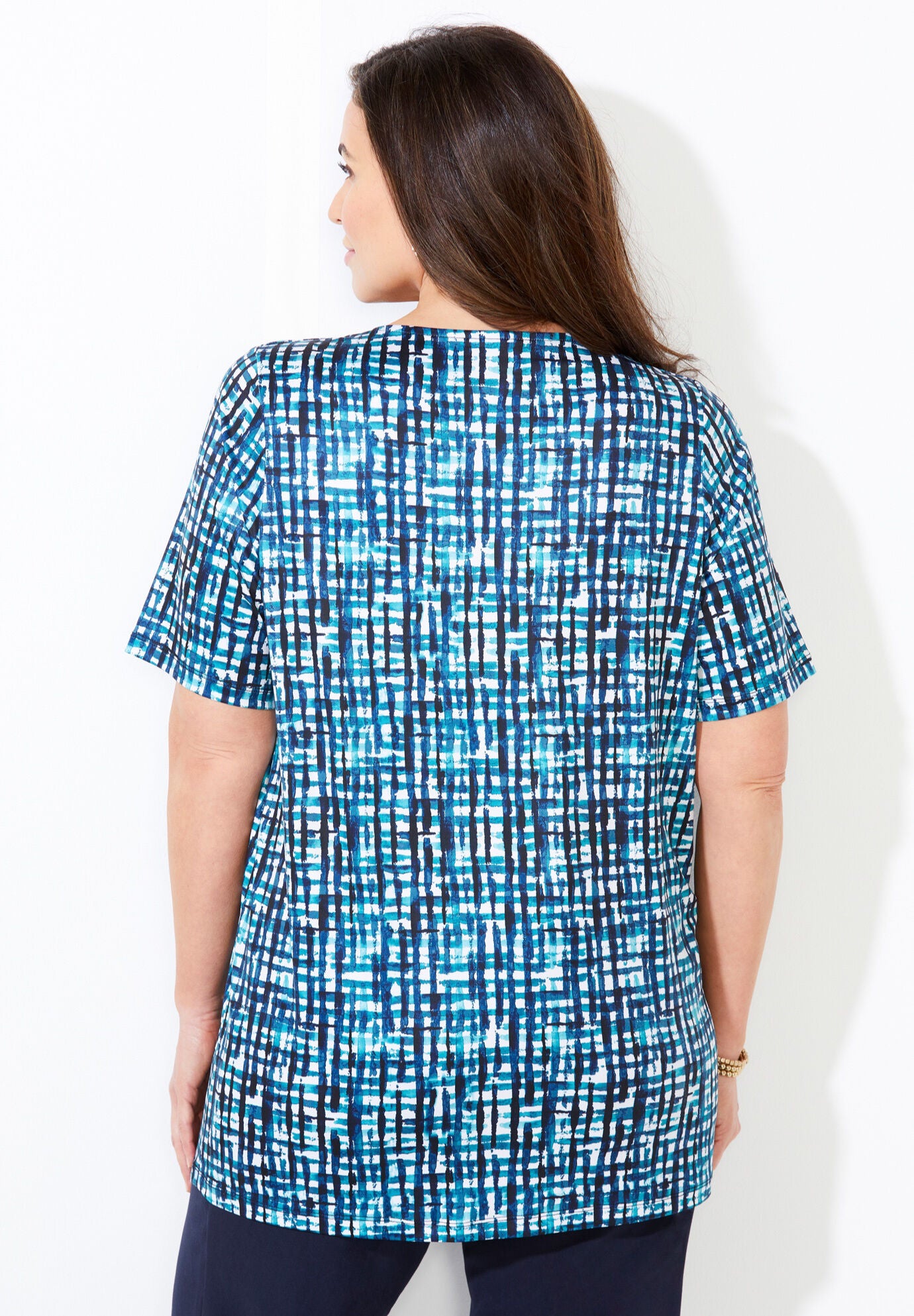 Jeweled Neck Pintuck Top, PINK BURST WATERCOLOR PLAID, on-hover image number 1