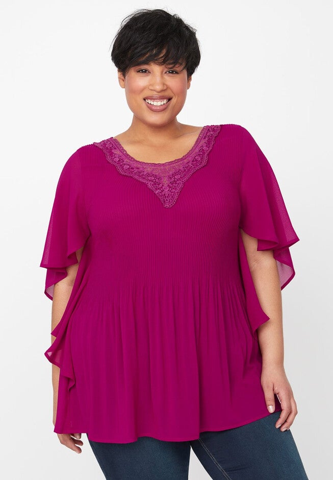 Embroidered Pleated Top, DEEP AZALEA, hi-res image number null