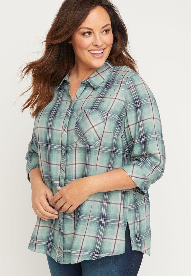 Vista Breeze Buttonfront Plaid Top, GREEN PLAID, hi-res image number 0