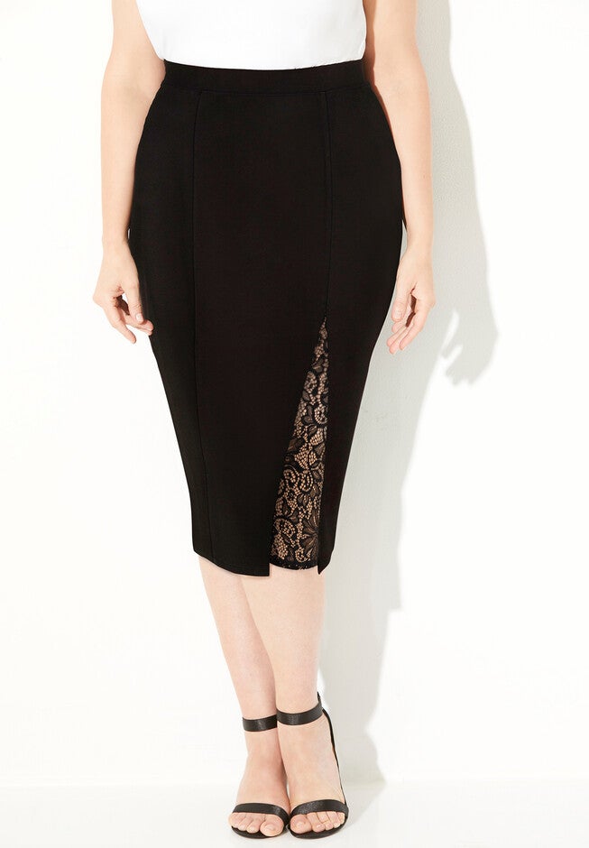 Curvy Collection Lace Detail Ponte Skirt, BLACK, hi-res image number null