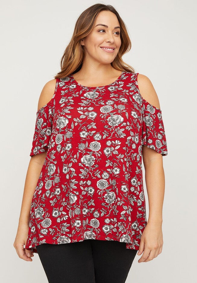 Carnation Imprint Cold-Shoulder Top, JAZZY FLORAL, hi-res image number 0