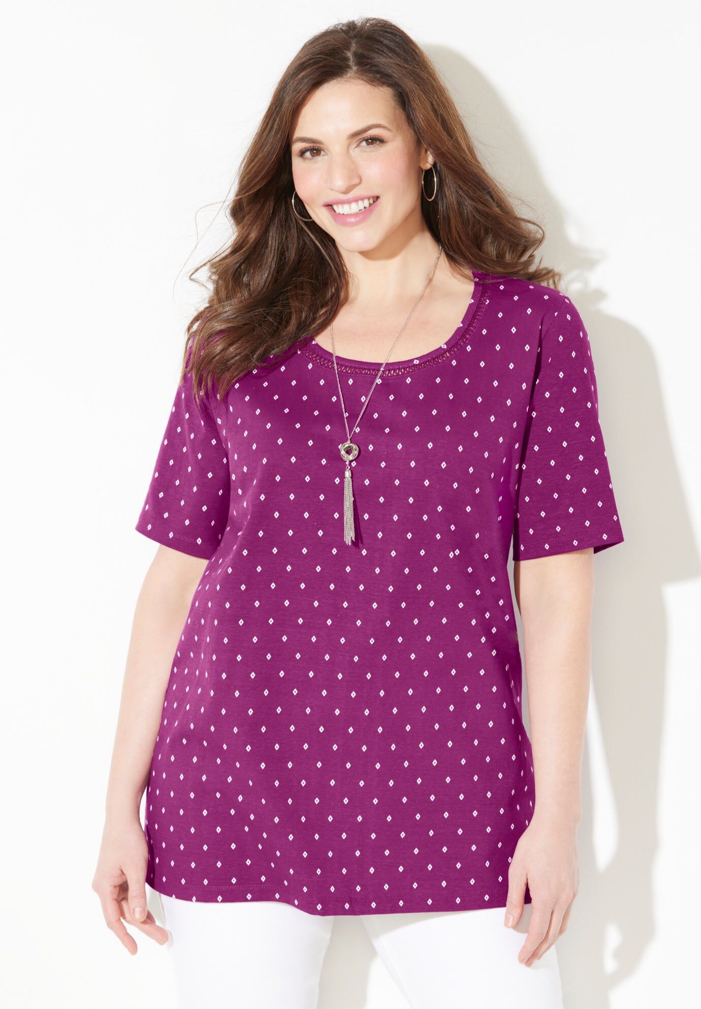 Suprema&reg; Embroidered Scoopneck Tee, BERRY PINK GEO PRINT, hi-res image number 0