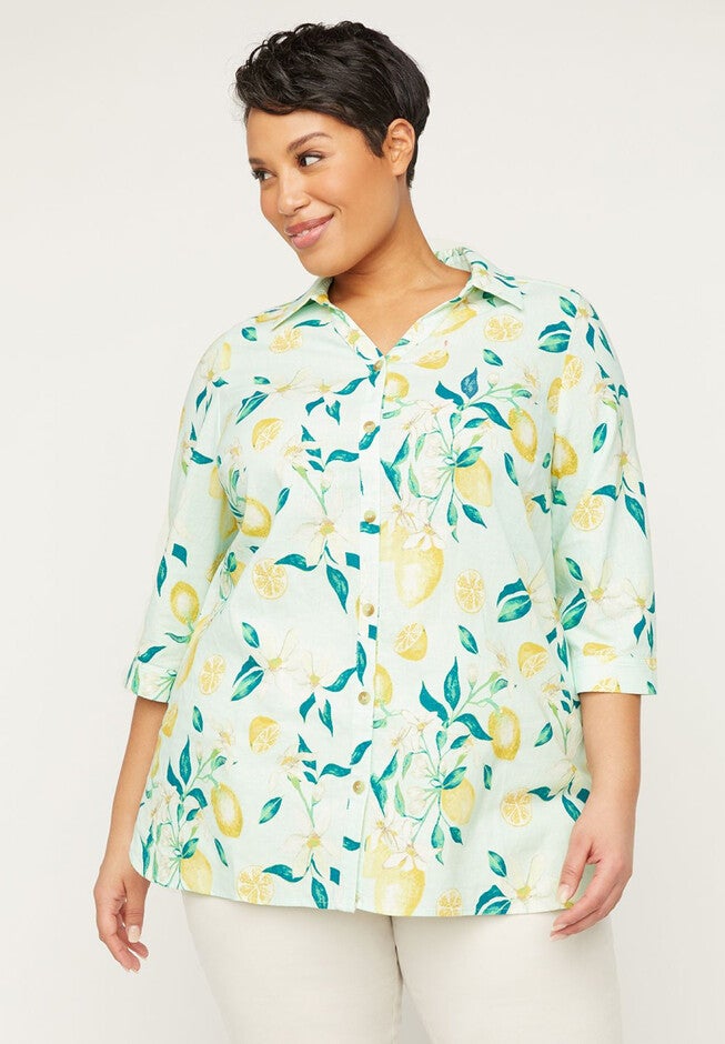 Printed Effortless Linen Buttonfront Top, FAIR AQUA LEMON FLORAL, hi-res image number 0