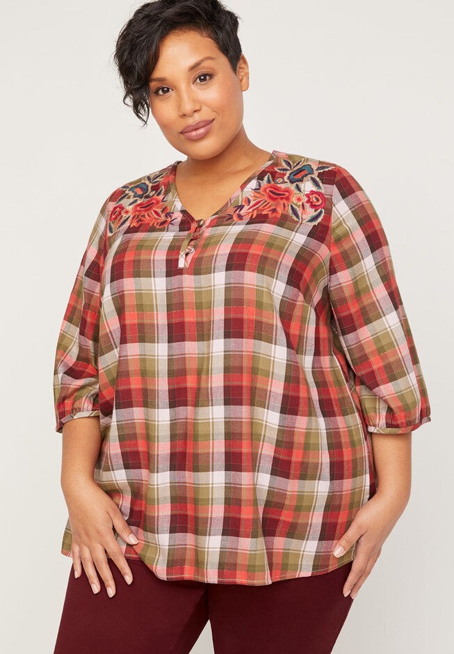 Sedona Embroidered Plaid Top, RED PLAID, hi-res image number null