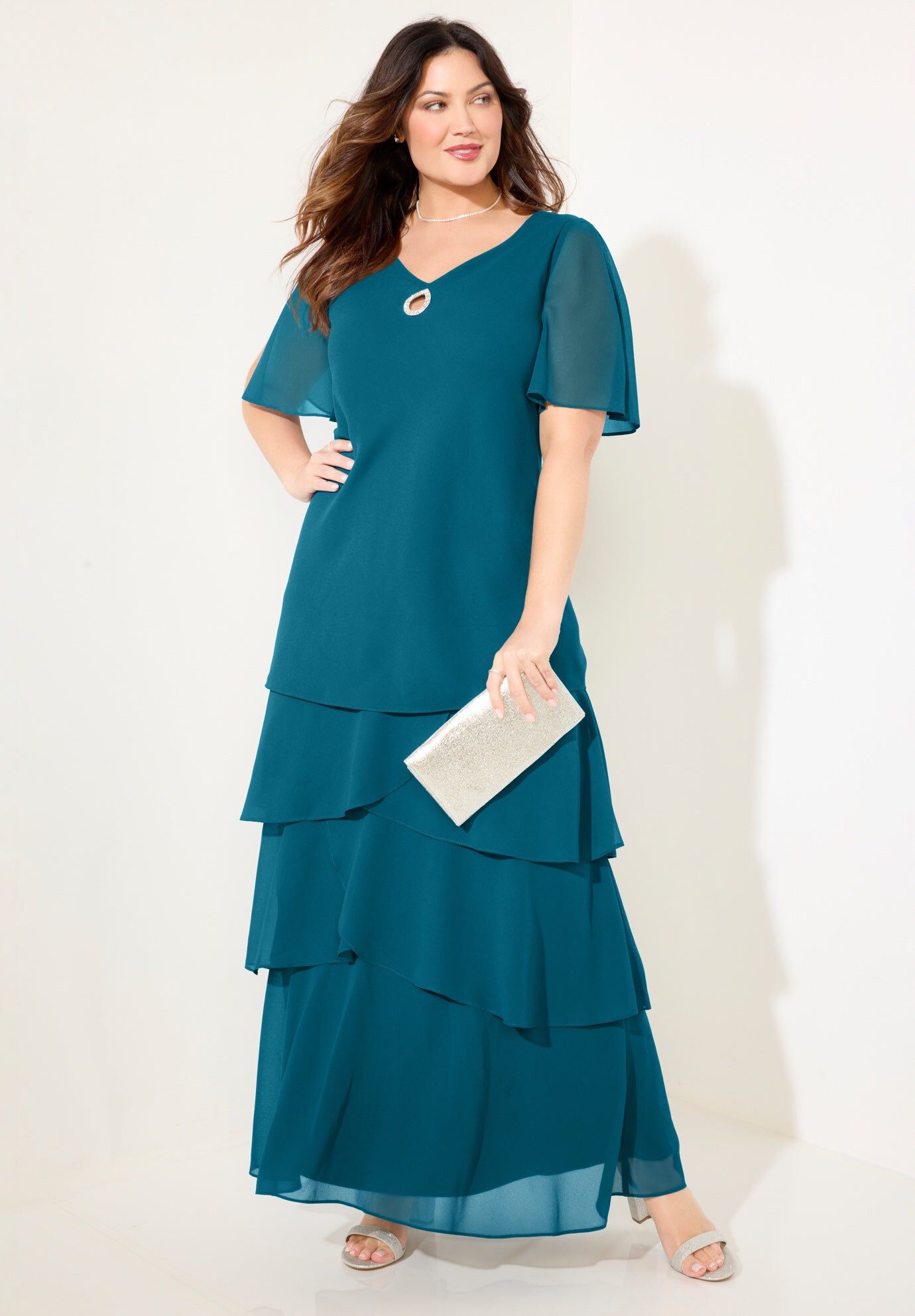 Catherines Tiered Chiffon Maxi Dress - 5X, Teal