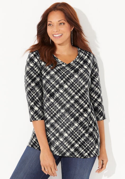 Suprema® 3/4 Sleeve V-Neck Tee, BLACK PLAID, hi-res image number null