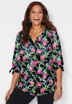 Georgette Buttonfront Tie Sleeve Cafe Blouse