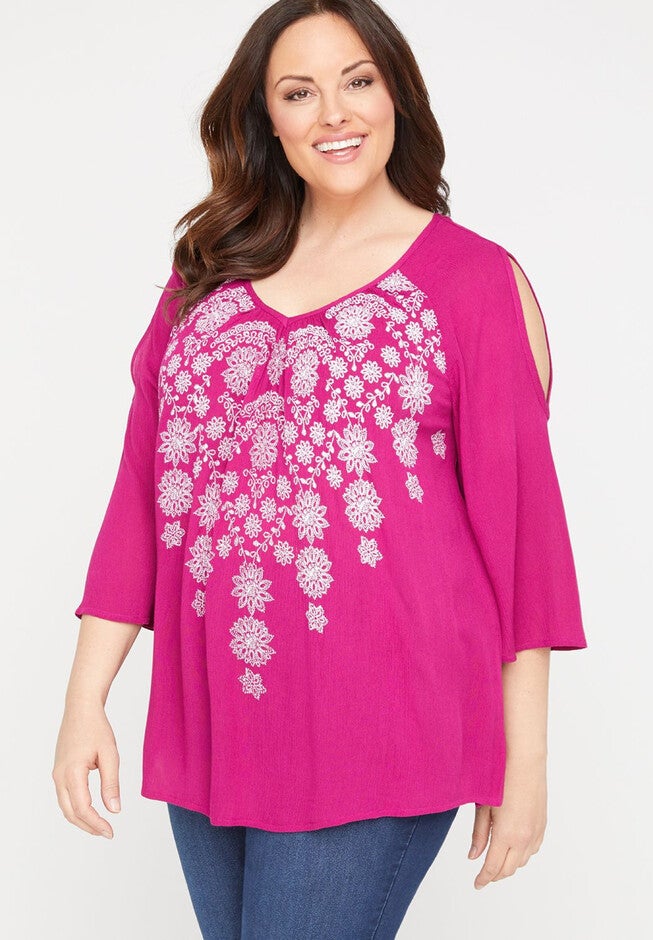 Embroidered Imprint Peasant Top, WOODLAND BERRY, hi-res image number null