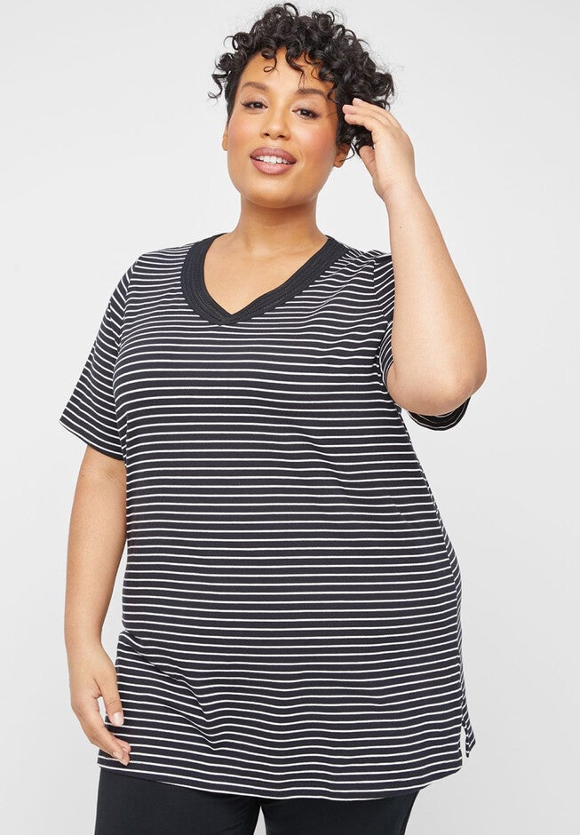 Suprema® Crochet V-Neck Tunic, BLACK STRIPE, hi-res image number 0