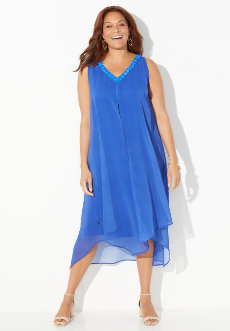 Beaded V-Neck Chiffon Dress, DARK SAPPHIRE, hi-res image number null