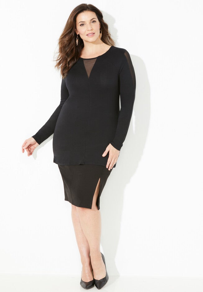 Curvy Collection Mesh Inset Top, BLACK, hi-res image number 0