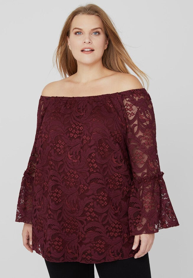 Off-the-Shoulder Lace Top, SPICY SANGRIA, hi-res image number 0