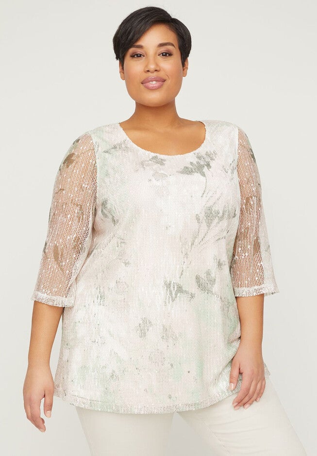 Poppy Tunic Top With Sequins, BEIGE GREEN FLORAL, hi-res image number null