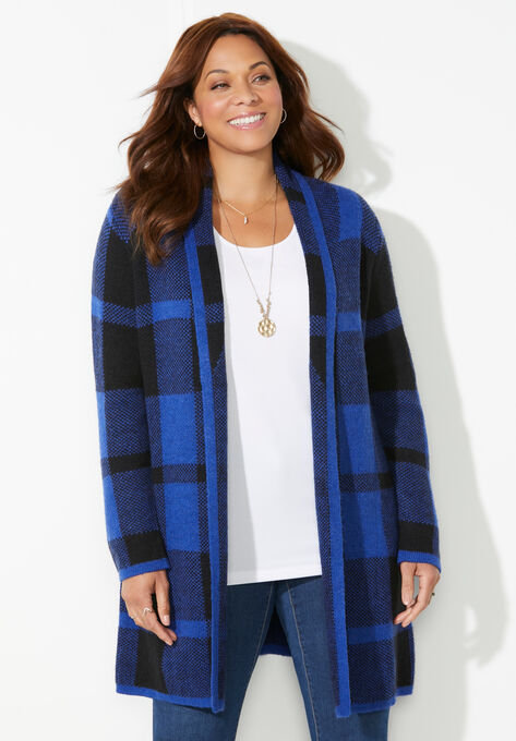 Country Village Sweater Cardigan, DARK SAPPHIRE BLACK BUFFALO PLAID, hi-res image number null