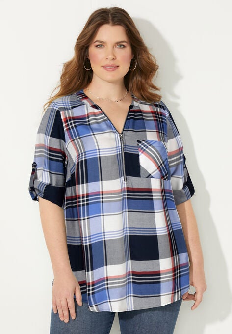 Half-Zip Plaid Blouse, AMERICANA PLAID, hi-res image number null