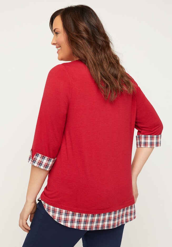 Plaid Shirting Duet Top with 3/4 Sleeves, , on-hover image number null