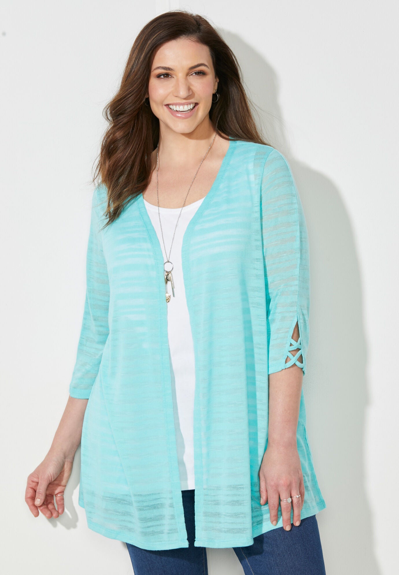 Shadow Stripe Cardigan Relaxed Knit Sweater Aqua Catherines