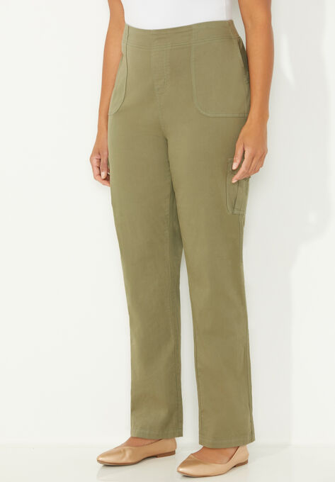 Pull-On Cargo Pant With Back Knit Waist, OLIVE GREEN, hi-res image number null