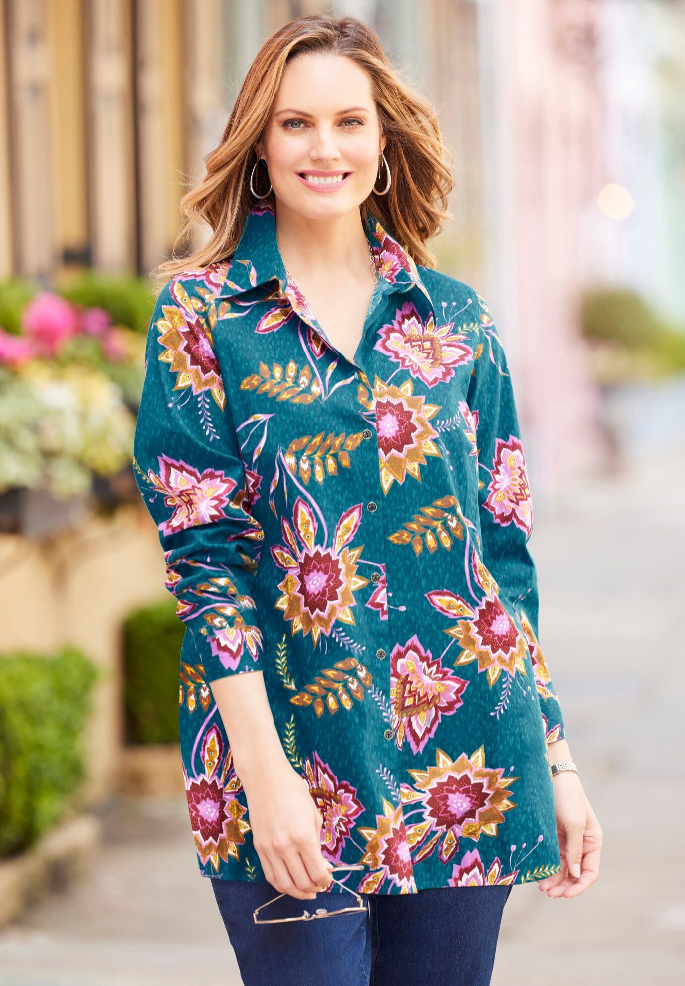 Liz&Me&reg; Buttonfront Shirt, DEEP TEAL FLORAL, hi-res image number 0