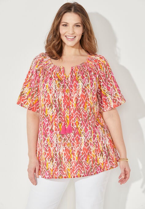 Seasonless Gauze Peasant Top, WARM ABSTRACT PRINT, hi-res image number null