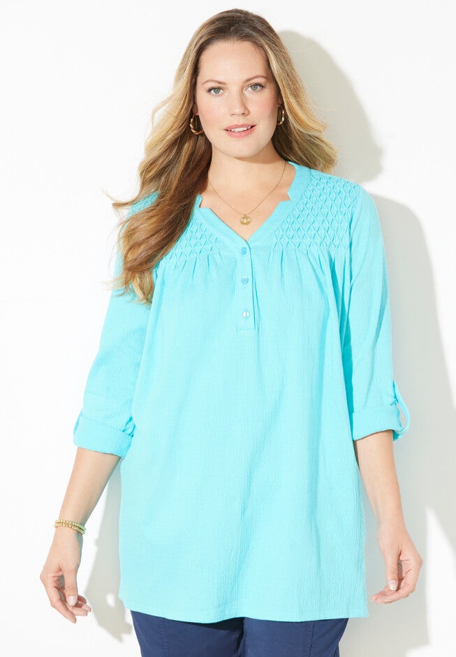 Origami Trim Gauze Tunic, AQUA BLUE, hi-res image number null